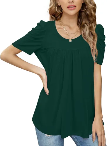 Vista 3 de Anydeer Camiseta casual de verano para mujer, manga abombada, cuello en V, blusa suelta, suéter de moda