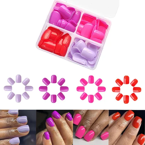 Vista 13 de Uñas postizas cuadradas cortas a presión, color liso, blanco leche, rosa, cobertura completa, con diseños, uñas postizas brillantes con pegamento S1