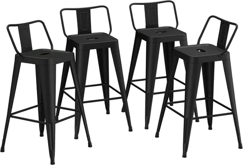 Vista 3 de Juego de 4 taburetes de bar de metal, taburetes de bar de altura de mostrador con respaldo bajo, sillas de bar industriales modernas de 24 pulgadas