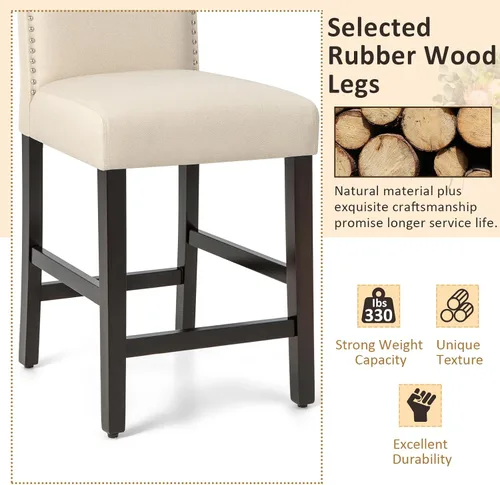 Vista 7 de COSTWAY Juego de 2 taburetes de bar, sillas tapizadas de lino con patas de madera de goma maciza, sillas de bar de madera para isla de cocina de 25