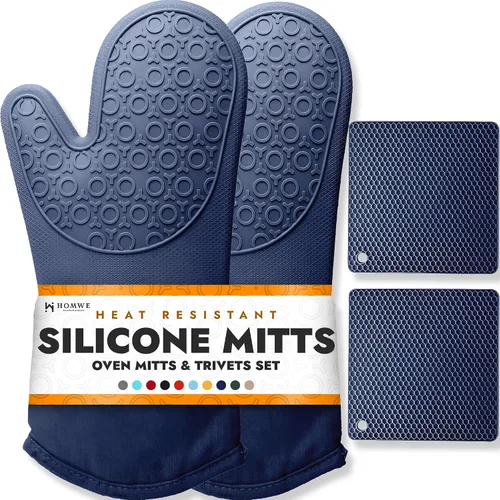 Vista 39 de HOMWE - Manopla de horno profesional y extralarga de silicona, guantes con forro acolchado, agarraderas resistentes al calor, guantes flexibles