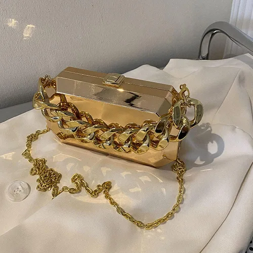 Vista 6 de Ladies Evening Clutch Vintage Purse Glitter Acrylic Chain Rectangle Metal Bucket Bag Women Handbags Party Wedding