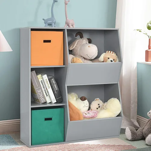 Vista 18 de HONEY JOY Organizador de almacenamiento de juguetes para niños con 5 cubículos, estantería y estantería para niños con 2 cajas de almacenamiento