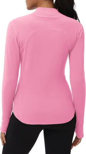 Vista 4 de THE GYM PEOPLE Camisas de forro polar de cuello alto falso de capa base, camisetas de entrenamiento de manga larga con agujero para el pulgar