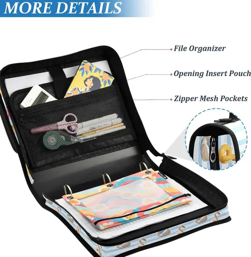 Vista 4 de ALAZA Zipper Binder 3 Ring Flamingo Swan Circlen Bule Stripes Binder Organizer with Zipper and Shoulder Strap Large Capacity Multi-Pocket Trapper