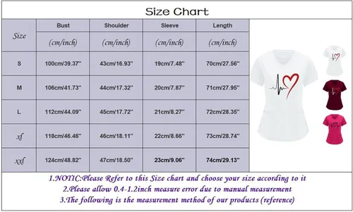 Vista 2 de Uniformes de enfermería elásticos para mujer, con estampado de ECG de corazón, manga corta, con bolsillo, cuello en V, ropa de trabajo