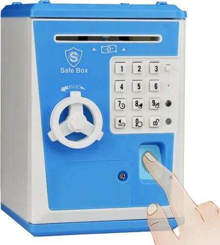 Vista 12 de Banco seguro para niños, alcancía con contraseña y bloqueo de huellas dactilares, banco de dinero de voz, regalo genial y educativo para niños