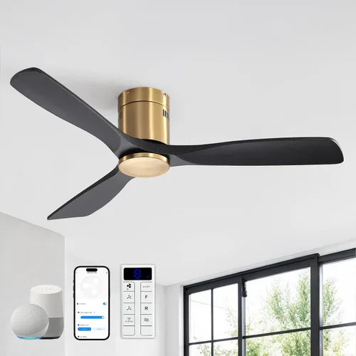 Vista 10 de Sofucor Ventiladores de techo inteligentes de 52 pulgadas con luces - montaje al ras de perfil bajo, modernos ventiladores de techo de madera maciza
