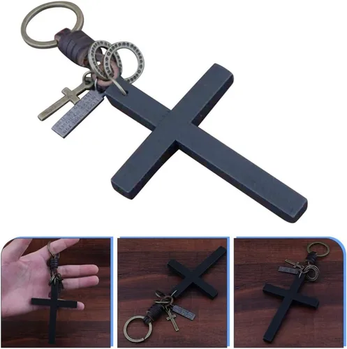 Vista 9 de NUOBESTY Llavero con dije de cruz religiosa de cuero retro, elegante llavero de metal a la moda, llavero colgante para bolso, bolsos, accesorios