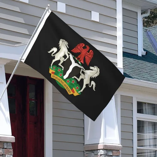 Vista 4 de Bandera de Nigeria con escudo de armas de Nigeria de 3 x 5 pies, banderas de doble cara para exteriores, banderas decorativas duraderas para patio