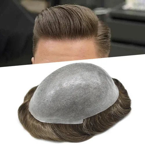 Vista 52 de Tupé de piel ultra fina para hombres pieza de cabello humano real sistema de reemplazo 0.002 in Mens Toupee Hairpiece para hombres V-Loop 8x10 80%