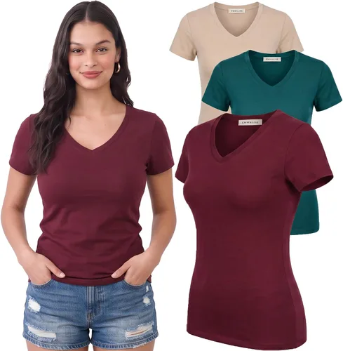 Vista 66 de Emmalise Camiseta de manga corta para mujer, cuello en V, tallas junior y plus