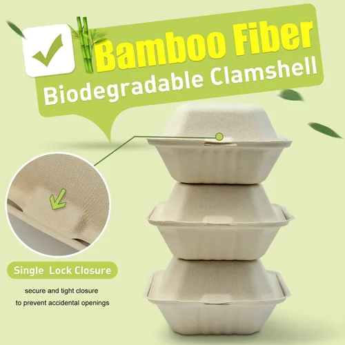 Vista 2 de Green Earth, 6 pulgadas, 125 unidades, almeja compostable de hamburguesa acanalada, BAM ware (fibra de bambú), cajas de comida para llevar