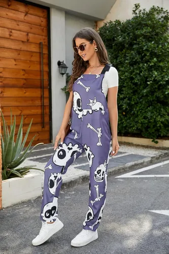Vista 7 de PAODIKUAI Overol casual con estampado de calavera para mujer, overol suelto con bolsillos