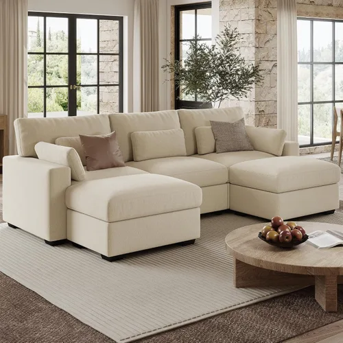 Vista 16 de Sofá modular de 146.5 pulgadas, sofás extra profundos en forma de U para sala de estar, sofá de felpilla de 4 asientos con patas de madera, otomana