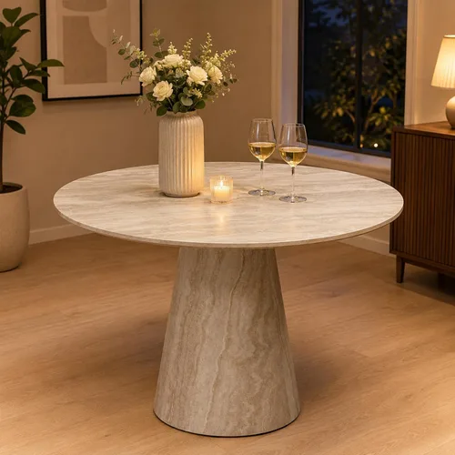 Vista 9 de Mesa de comedor redonda de 45 pulgadas, mesa de comedor redonda con pedestal para 4 One-Piece Round Tabletop, Faux Marble-Look, Stable Pedestal