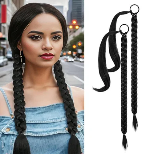 Vista 11 de Extensión de cola de caballo de trenza larga con lazo elástico, 1 unidad, extensiones de cabello sintético lacio y elegante envolvente para mujer