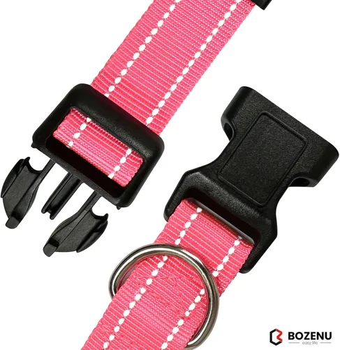 Vista 5 de Collar para perro con hebilla, de nailon transpirable, reflectante, ajustable, para perros pequeños, medianos y grandes, color rosa intenso, grande