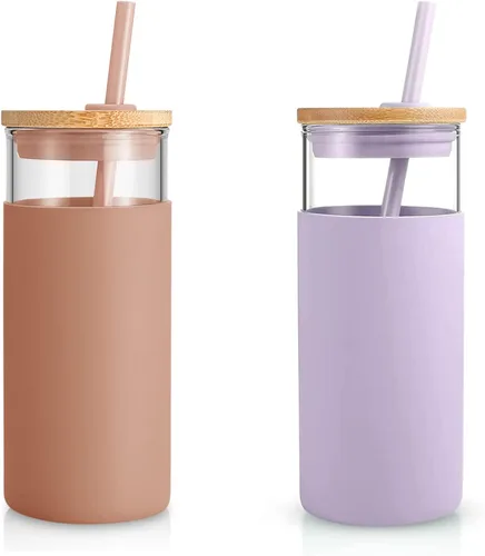 Vista 25 de Tronco Vaso de vidrio de 20 onzas con tapa y popote, taza de café helado y vaso para batido con tapas de bambú y funda protectora de silicona, apto