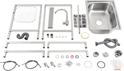 Vista 6 de Fregadero de cocina de acero inoxidable con soporte, fregadero de lavandería simple para el hogar con grifo, lavabo multiusos independiente