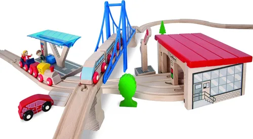 Vista 3 de Eichhorn - Juego de tren de madera grande (58 piezas), color marrón