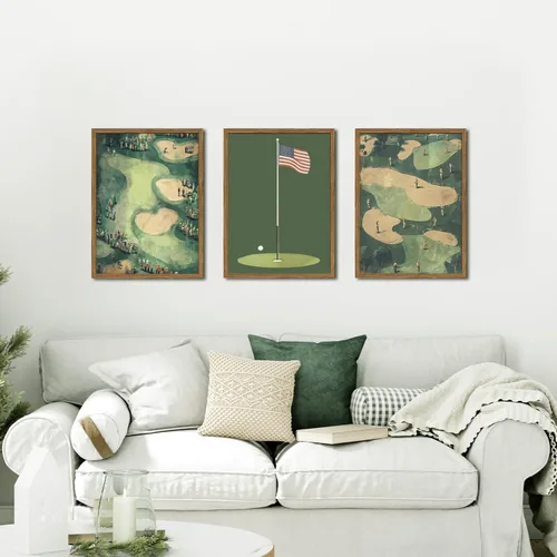 Vista 2 de Juego de 3 arte de pared vintage de golf, pinturas deportivas de mediados de siglo, arte de paisaje de campo de golf verde retro, cuadro de arte