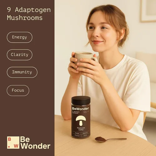 Vista 3 de Café de hongos – 9 hongos adaptogénicos – Melena de león orgánica, Chaga, Reishi, cola de pavo, café instantáneo – para claridad, enfoque, energía