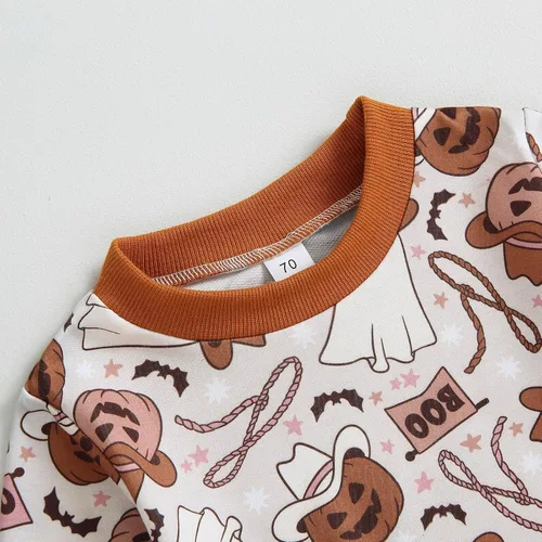Vista 5 de Conjunto de sudadera de calabaza para niñas pequeñas de Halloween y pantalones cálidos, ropa de otoño e invierno
