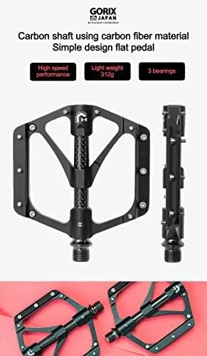 Vista 2 de GORIX Pedales planos de bicicleta CNC ancho 3 cojinetes tubo central de fibra de carbono ligero con pin antideslizante Spike Road Mountain MTB