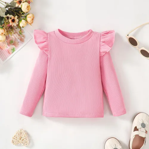 Vista 2 de OPAWO Camisetas de manga larga y corta con volantes para niña, blusa acanalada para niña, ropa para bebé, paquete de 2 unidades de 1 a 6 años