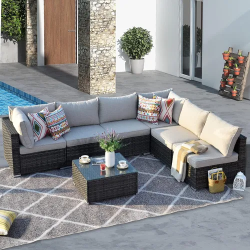 Vista 5 de HOOOWOOO Juego de sofá modular para patio al aire libre, 7 piezas en forma de U, juego de sofá de mimbre rústico para 6 personas, juego de Beige