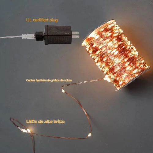 Vista 4 de Luces de Hadas Extra Largas de 660 Pies para Enchufar, Impermeables para Exteriores, Luces de Cadena de Alambre de Cobre de Alto Brillo con Control