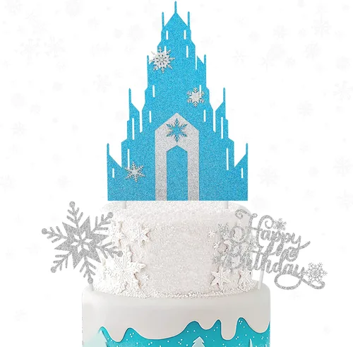 Vista 6 de Decoración de pastel de castillo de congelado, 3 piezas, decoración de copo de nieve con purpurina para fiesta de cumpleaños temática de castillo