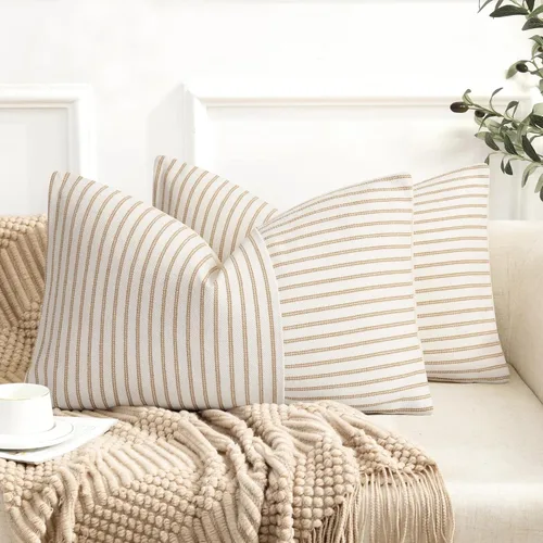 Vista 31 de Fundas de almohada de granja de 12 x 20 pulgadas, 2 fundas de almohada lumbares modernas, decorativas, de lino, con retazos de rayas negras y beige