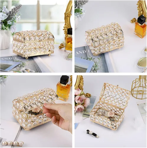 Vista 5 de ELLDOO Joyero de cristal, caja organizadora de aretes, anillos, decoración del hogar, caja decorativa con tapa, regalo dorado para San Valentín