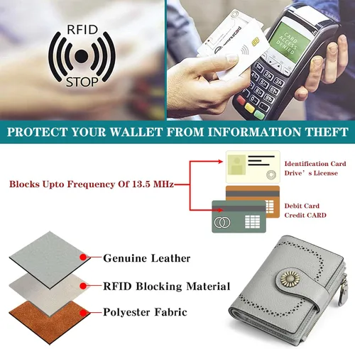 Vista 5 de SENDEFN Cartera pequeña de cuero plegable para mujer, con bloqueo RFID y bolsillo para monedas con cremallera, 3-Natural-Gris-2, Compacto