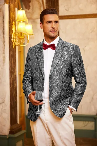 Vista 3 de COOFANDY Chaqueta de esmoquin floral para hombre, chaqueta de traje bordada con rosas para boda, graduación, cena, fiesta, blazer