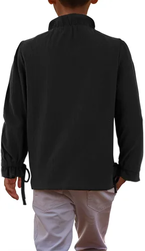 Vista 2 de Meikulo Camisas Henley pirata para niños, disfraces de Halloween, medievales, renacentistas, con cordones, para niños de 5 a 14 años