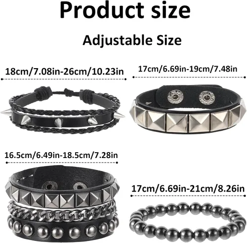 Vista 2 de 4 Pulseras de Cuero Tachonadas, Pulsera Punk de Cuero PU con Pinchos para Hombres y Mujeres, Brazalete de Cuero Muñequera de los Años 80 Juego