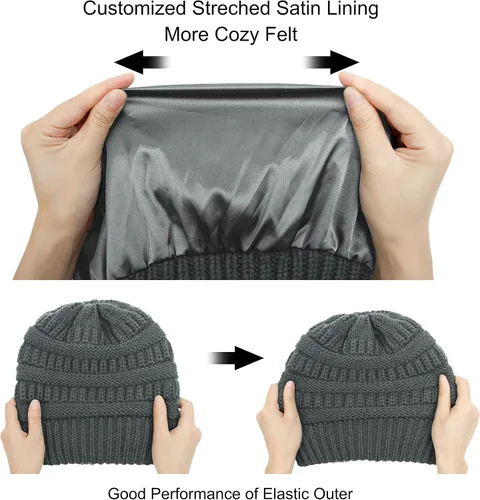 Vista 6 de Muryobao Gorro de punto cálido para mujer, de satén con forro de seda de punto, grueso y holgado