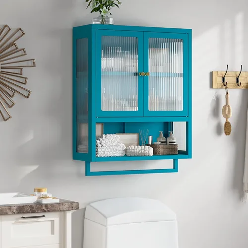 Vista 2 de Armario de pared de baño con 2 puertas de vidrio, botiquín de baño con barra de toallas y estantes, gabinete de almacenamiento sobre el inodoro