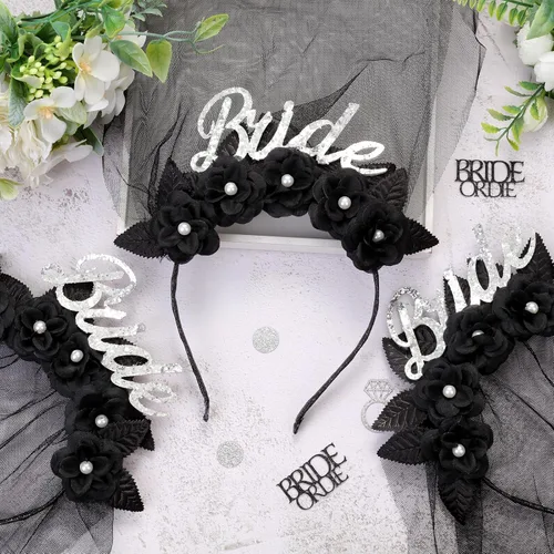 Vista 6 de Decoración gótica de novia con velo de flores góticas, diadema para despedida de soltera, novia, futura novia, tocado de flores góticas, aro