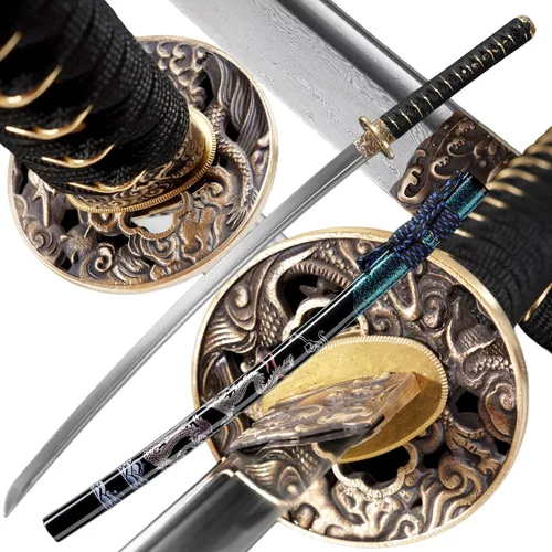 Vista 9 de Katana，Hand-Forged Katana Sword，Razor-Sharp 1095 & T10 Damascus Steel Blade, Full-Tang Structure for Martial Arts Practice, Collector's Display