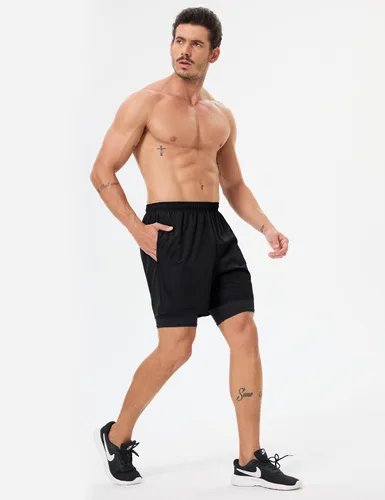 Vista 6 de Pantalones cortos deportivos 2 en 1 para hombre, de secado rápido, 5 pulgadas, ligeros, con forro y bolsillos