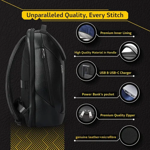 Vista 4 de LENZN Mochila de negocios de cuero duradera perfecta para hombres y mujeres, mochila de trabajo para 15.6 pulgadas, bolsa de viaje de alta calidad