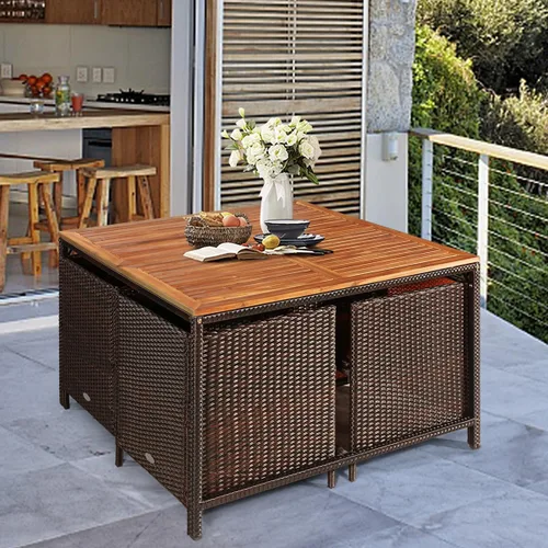 Vista 9 de HAPPYGRILL Juego de 9 piezas de comedor para patio al aire libre con asientos acolchados, mesa de comedor que ahorra espacio con mesa de madera