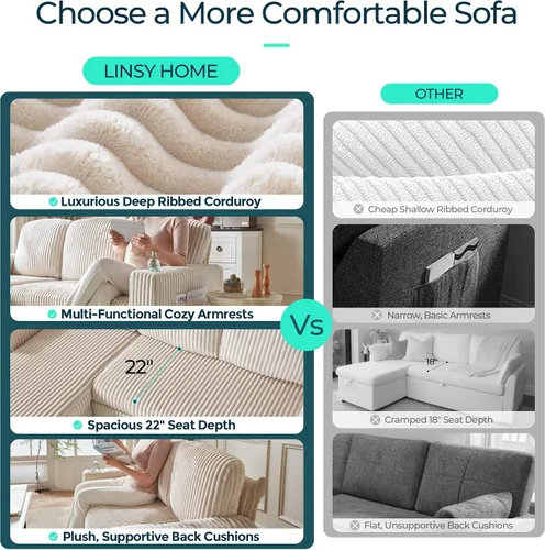 Vista 3 de LINSY HOME - Sofá cama extraíble modular con sección para dormir, con almacenamiento, sofá seccional de pana mullida para sala de estar, sofá cama
