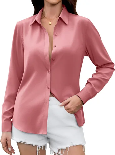 Vista 15 de Camisas Premium de Seda Satinada Suave y Transpirable con Botones para Mujer, Blusas de Manga Larga, Tops de Trabajo Casuales