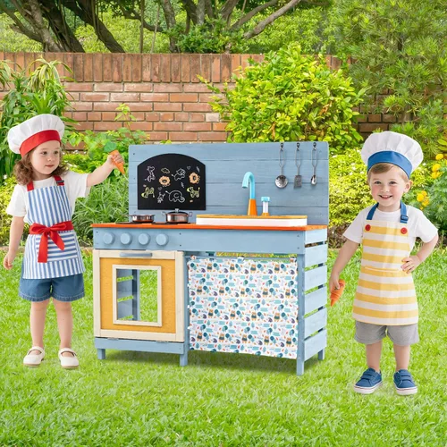 Vista 8 de Costzon Cocina de barro, juego de juguetes de madera con estufas, fregadero, grifo, parrilla, pizarra, perillas giratorias, macetas, estantes