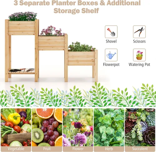 Vista 6 de Giantex Juego de 3 camas de jardín elevadas, jardinera de madera con estante de almacenamiento, camas elevadas para frutas, verduras, flores, Natural